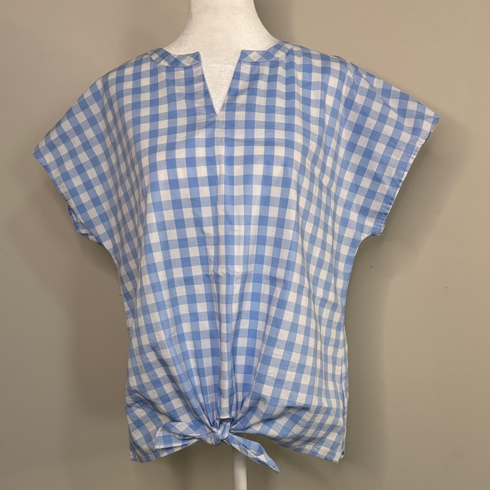 Kim Rogers Light Blue and White Gingham Tie-Front Blouse